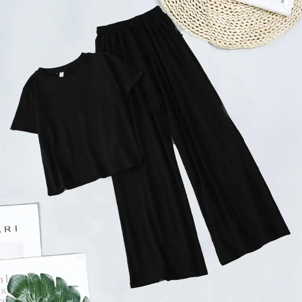2 Pcs/Set Chic Two Pieces Set Women T-shirt Pants Set Elastic Waist Soft Women T-shirt Trousers Set Keep Cooling