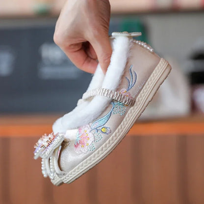 Kids Princess Embroidery Shoes Girls Winter Warm Cotton Shoes Traditional Chinese Style Children Hanfu Performance Flats Shoes