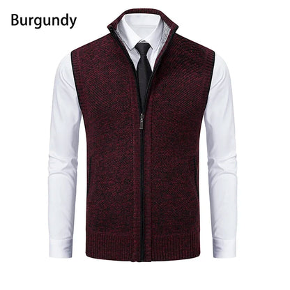Vest Men Knitted Sleeveless Sweater Jacket Wool Velvet Zipper Cardigan Turn-down Pullovers Turtleneck Sweater coat Knit Waistcoat