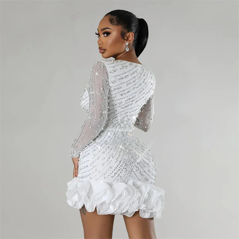 2025 New Women Mesh Sleeve Bodycon Sexy Diamonds Birthday Party Dress Tiered Ruffles Rhinestone Pearls Party Night Dress Pink