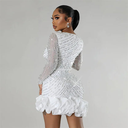 2025 New Women Mesh Sleeve Bodycon Sexy Diamonds Birthday Party Dress Tiered Ruffles Rhinestone Pearls Party Night Dress Pink