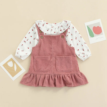 2Pcs Newborn Baby Girl Clothes Set Floral Print Long Sleeve Romper Pocket Corduroy Strap Suspender Skirts Girls Spring Outfits