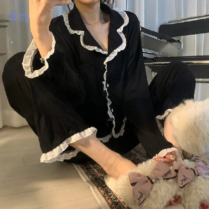 Korean Style Cute Pajama Woman Winter Autumn Sleepwear Lady Long Sleeve Tops Pants 2Piece Pajamas Solid Lingerie's Sets Nightwear