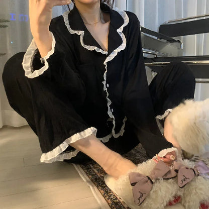Korean Style Cute Pajama Woman Winter Autumn Sleepwear Lady Long Sleeve Tops Pants 2Piece Pajamas Solid Lingerie's Sets Nightwear