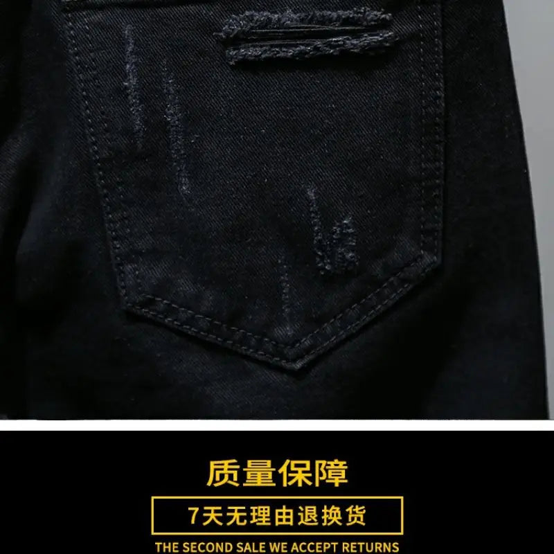 Fashion Summer New Casual Denim Jeans Knee Length Shorts for Men Black Cowboy Low Rise Ripped Holes Boyfriend Men's Denim Shorts