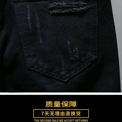 Fashion Summer New Casual Denim Jeans Knee Length Shorts for Men Black Cowboy Low Rise Ripped Holes Boyfriend Men's Denim Shorts