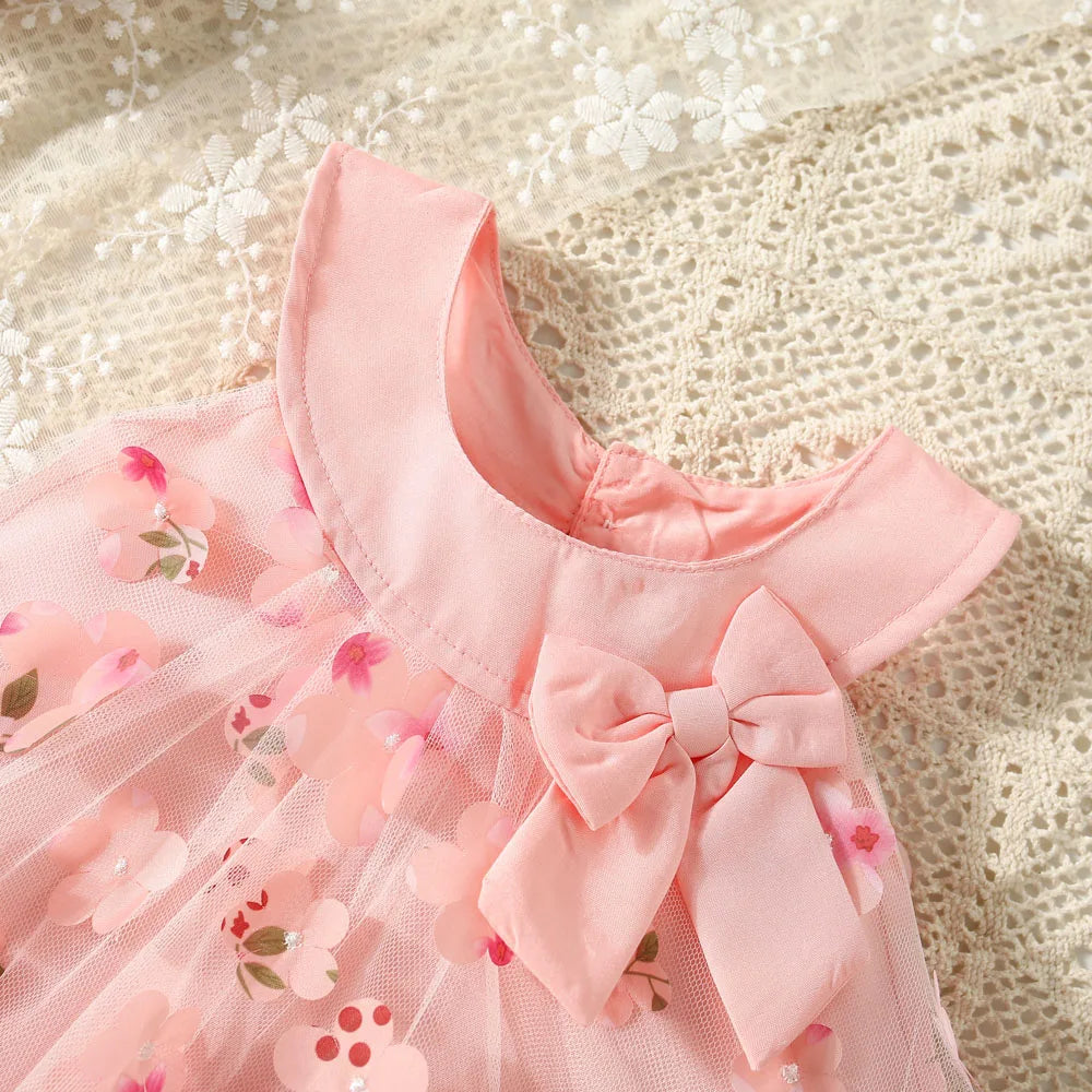 (0-3 Years Old) Summer Mesh All Over Flower Bow Baby Girl Dress Cute Sleeveless Girl Princess Dress