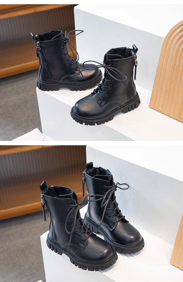 Girls Boots Simple Non-slip Back Zipper Summer Breathable Versatile Soft Autumn Winter Black Children Leather Boots 2025 New
