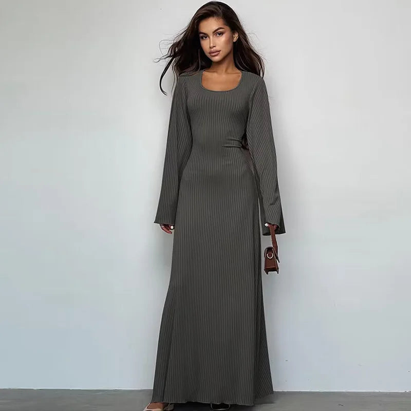 Elegant Knitted Maxi Dress For Women Fashion Solid Lace Up Long Sleeve Slim Dresses New Lady Commuting Robe Party Vestidos 2025