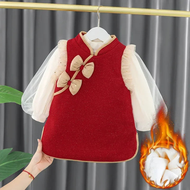 Toddler Baby Girls Dress Autumn  Winter Kids Red Christmas New Year Plush Warm Dress Infant Clothing Set Top+ skirt For 1-4 Years