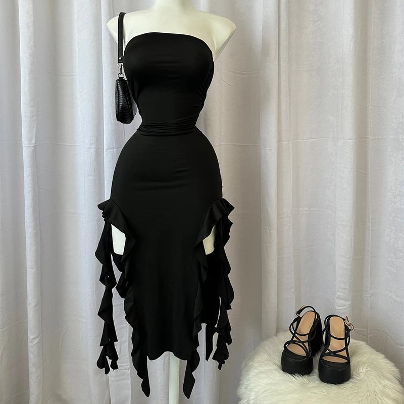 Women Strapless Sexy Floral Fold Hemline High Slit Mini Dress 2026 Solid Backless Sleeveless Black And Pink Party Dress Vestidos