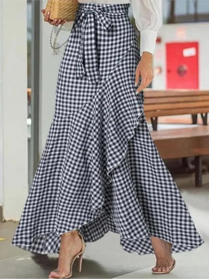 Spring Autumn Women Long Skirt High Waist Lace-up Ruffle Trim Plaid Print Bow Tie Irregular Hem Maxi Skirt Female 2026 New