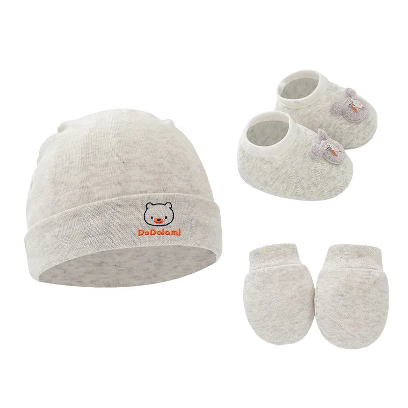 New Newborn Baby Cotton Beanies Hospital Hat Mittens Shoes Sets Solid Stretchy Infant Warm Cap Gloves 0-1 Years Old