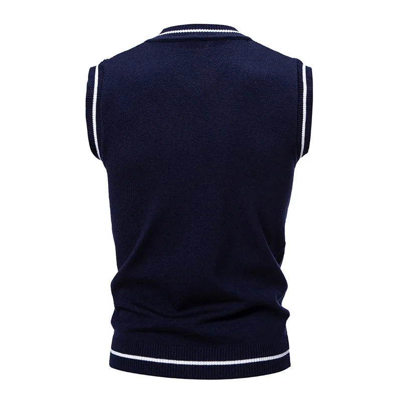 Autumn Winter Men's Knit Vests V-Neck Sleeveless Slim Fit Knitted Pullovers Men Fashion Patchwork Smart Casual Sweater Vest Man