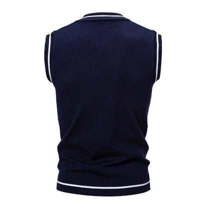 Autumn Winter Men's Knit Vests V-Neck Sleeveless Slim Fit Knitted Pullovers Men Fashion Patchwork Smart Casual Sweater Vest Man
