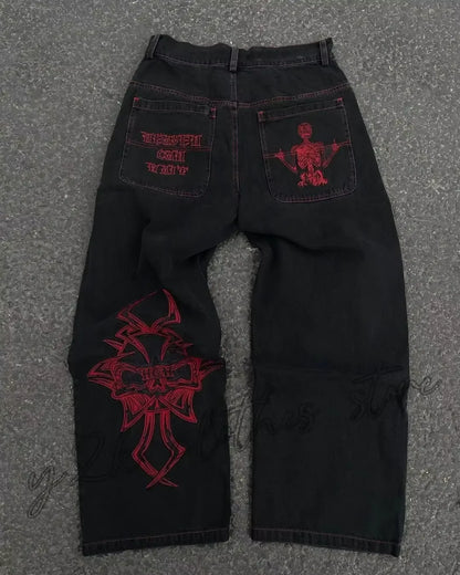 Y2K Jeans Men's Hip Hop Retro Skull Embroidery Washed Baggy Denim Pants New Straight Casual Loose Wide Leg Trouser Streetwear