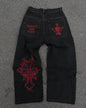 Y2K Jeans Men's Hip Hop Retro Skull Embroidery Washed Baggy Denim Pants New Straight Casual Loose Wide Leg Trouser Streetwear