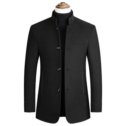 Men's Woolen Coat 2026 Autumn/Winter New Cotton Thickened Single Breasted Standing Collar Wool Blend Male Jacket