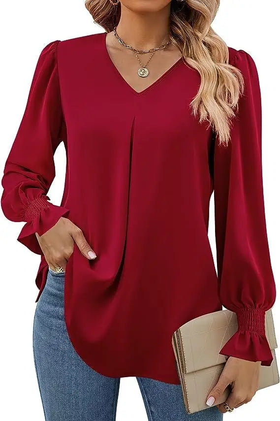 Women's New Solid Color Chiffon Shirt V-neck Pullover Flared Long Sleeved Top Shirt Office Lady Elegant Khaki Loose Blouse
