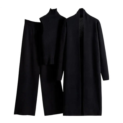 3 Pcs/Set Women Sweater Coat Vest Pants Knitted Turtle Neck Sleeveless Sweater Mid Length Cardigan Fall Winter Two Pieces Set
