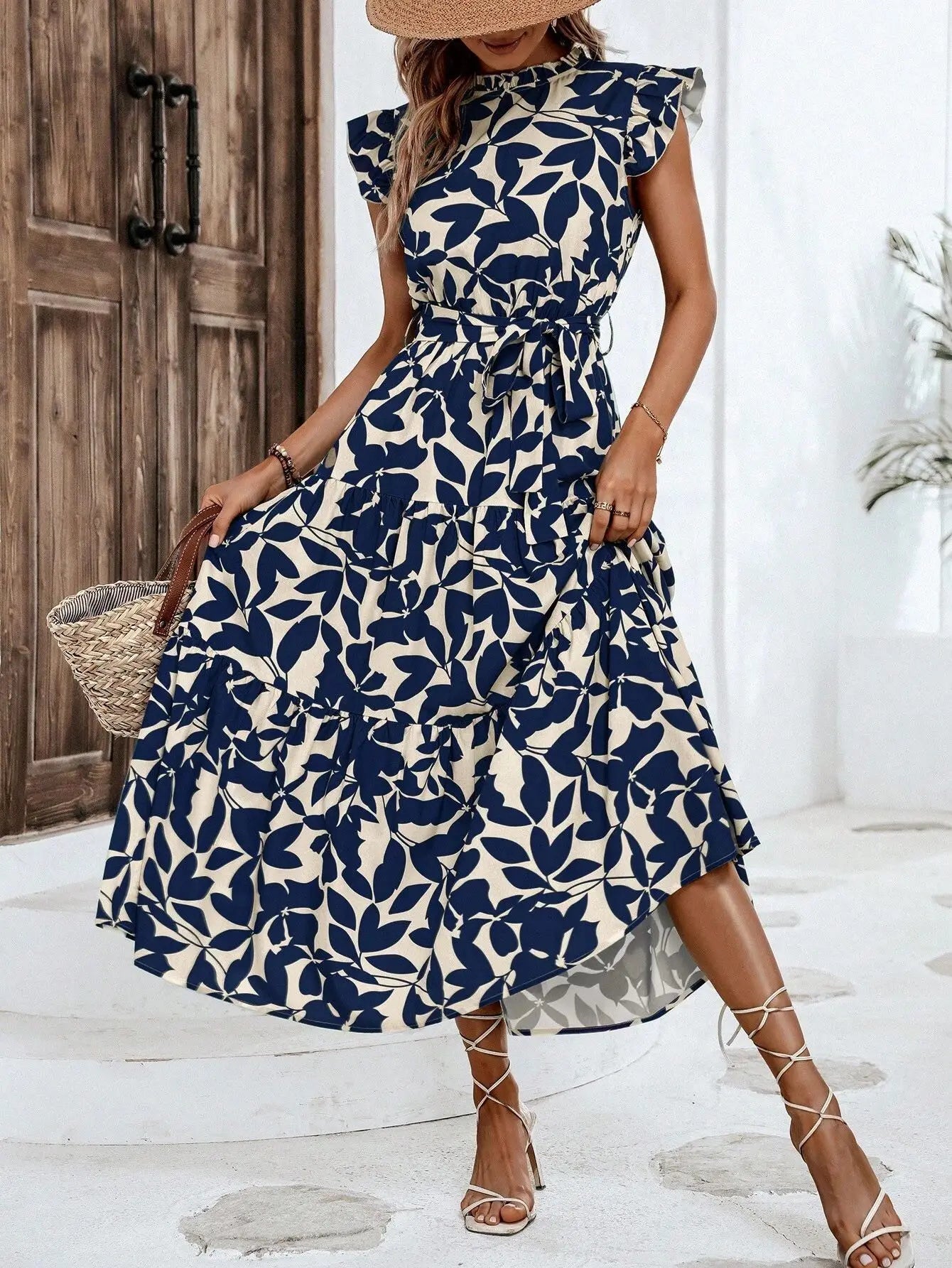 Elegant Women's Flower Midi Dress New Summer Fashion Stand Collar Flying Sleeve Lace Up Dress Casual Beach Holiday Dresses Robe