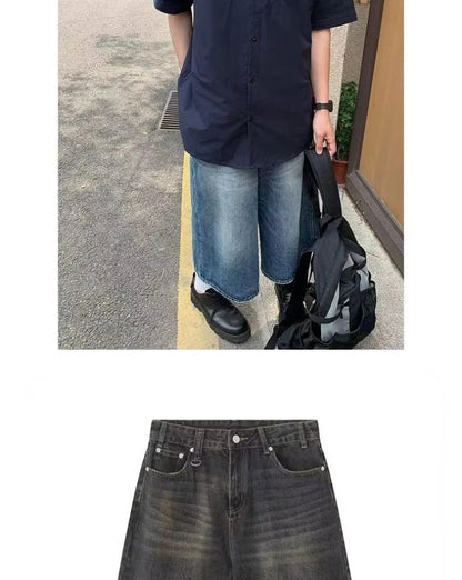 Retro Y2k Baggy  Women Men  Black Jeans Low Waist Casual Wide Pants Frayed Denim Shorts Big Size Clothes