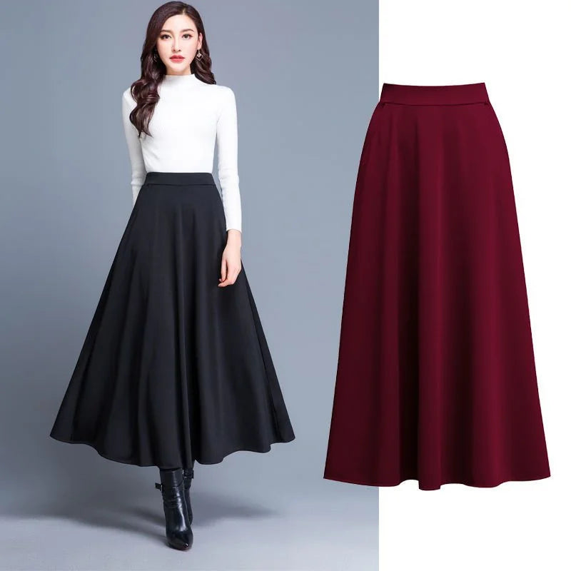 Spring Autumn Large Size A-Line Skirts Women Elastic High Waist Wine Red Black Long Skirt Female Casual Solid Color Maxi Skirts