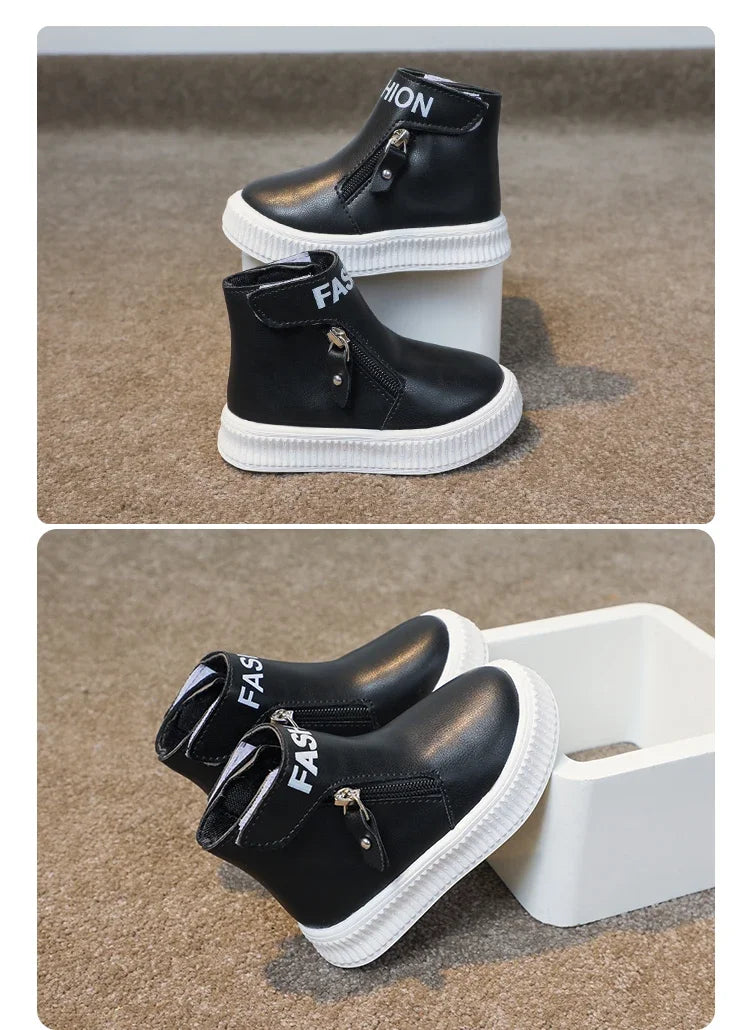 Children Fashion Boots Side Zipper Round-toe Kids Sport Boots Classic Solid Color Non-slip Boys Girls Leather Boots 2025 New