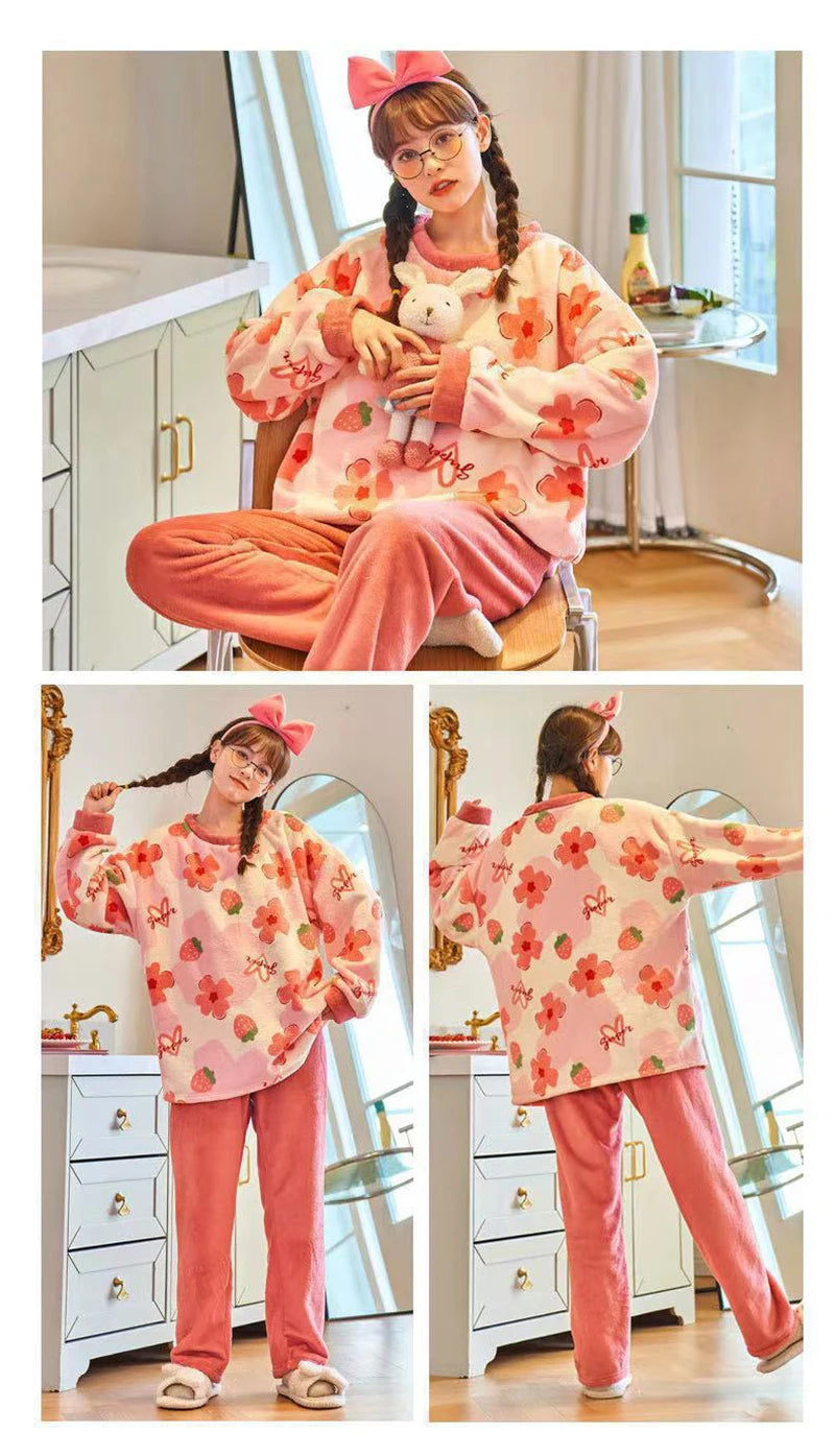 Women's Winter Pajamas Set Fleece Casual Solid Top Thick Warm Sleepwear and Plaid Pants Soft Pijamas Set for Women Home Suit