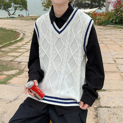 Men's Classic Contrast Color Thermal V-Neck Comfortable Cardigan Sleeveless Slight Stretch Solid Vest Simple Loose Waistcoat Tops