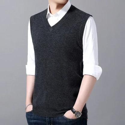 New Men's Autumn High-end Sweater Vest V-neck Warm Knit Sleeveless Men's Clothes Pullover Tops