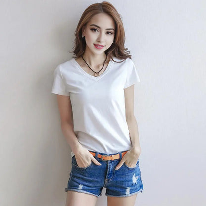 Women T-shirt V-neck Short Sleeve Slim Fit T-shirt Solid Color Pullover Tops Stretchy Bottoming Shirt Women Blouse Streetwear