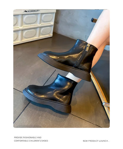 Autumn Winter Children's Boots Fashion Simple Style Girl's Ankle Boot Causal Versatile Black Kid Short Leather Boots Side Zipper