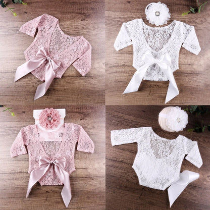 2 Pcs 0-1 Month Newborn Photography Props Baby Headband Lace Romper Bodysuits Outfit Girl Costume Photo Clothing