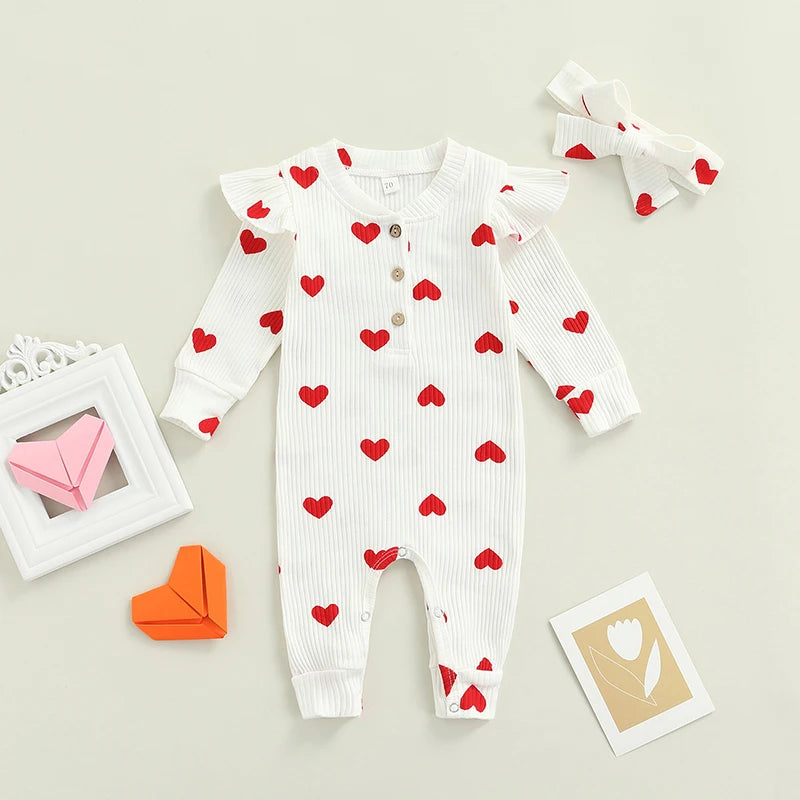 Newborn Baby Girls Valentine's Day Romper Ruffle Ribbed Bodysuit Heart Jumpsuit with Headband Valentine Outfits 0-18M