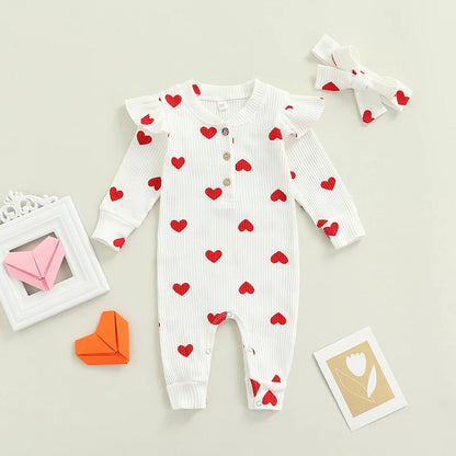 Newborn Baby Girls Valentine's Day Romper Ruffle Ribbed Bodysuit Heart Jumpsuit with Headband Valentine Outfits 0-18M