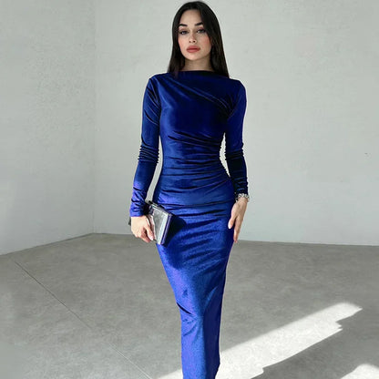 BWQ 2026 Spring Summer Velvet Long Sleeve Midi Dress For Women Ruched Long Dress Elegant Party Clothes Evening Green Outfits