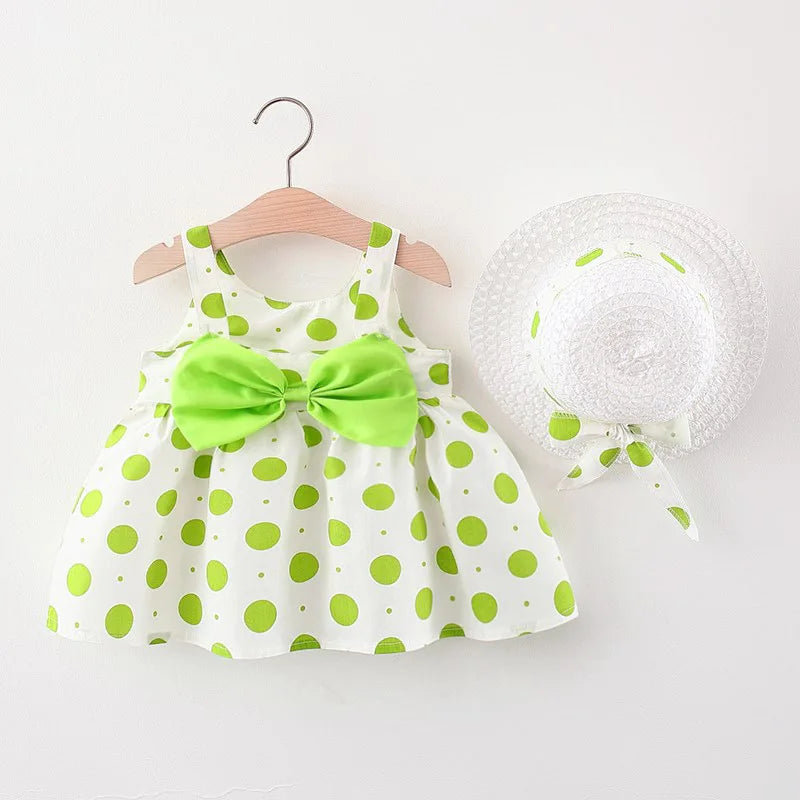 New In Summer Baby Girl Clothes Korean Cute Bow Dot Sleeveless Cotton Princess Dress+ Sunhat Toddler Dresses Sets BC007-1