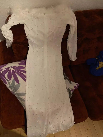 Luxury Feather Beading Party Dress For Women Sexy Off Shoulder Long Sleeve Elegant Bodycon Formal Event Evening Wedding Robes