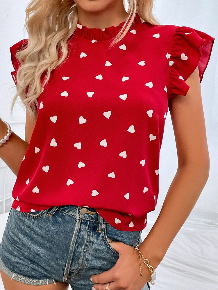 Fashion Chiffon Print Women's Shirt Casual Ruffle Short Sleeve Top Pink Chic Woman Blouse And Shirts Elegant Blouses Summer 2026
