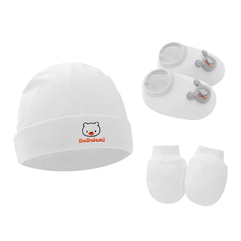 New Newborn Baby Cotton Beanies Hospital Hat Mittens Shoes Sets Solid Stretchy Infant Warm Cap Gloves 0-1 Years Old