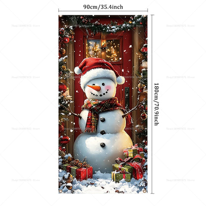 Christmas Decorations Door Cover Banner Cute Snowman Bear Gift Backdrop Xmas Party Indoor Outdoor Background Decor Supplies