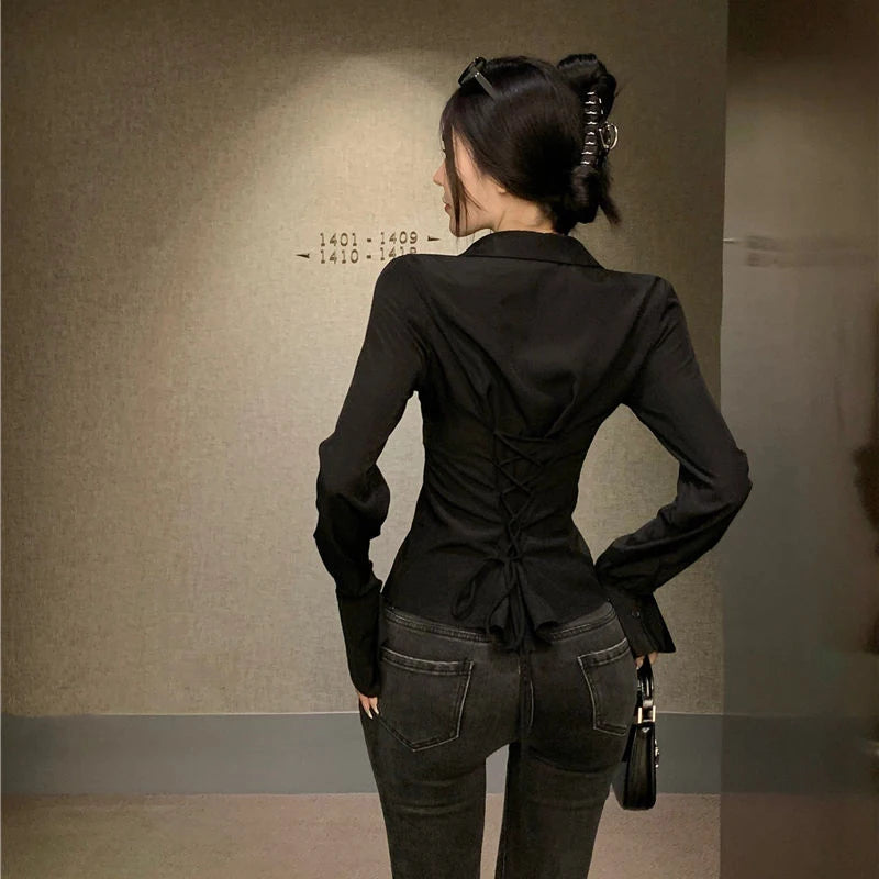 Fashion Women Bandage Shirts Korean All Match Streetwear Female Slim Blouse Spring Casual White Bell Sleeve Shirt New