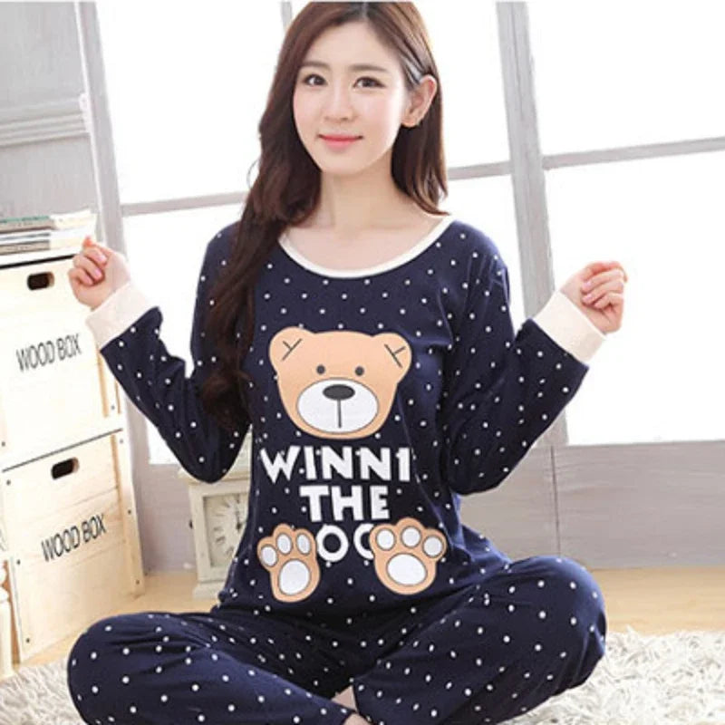 Autumn Thin 2pieces Pijamas Set Women 2026 Cartoon Round Neck Girls Pajamas Sets Honey Boof Full Sleepwear Clothes Sleep Tops
