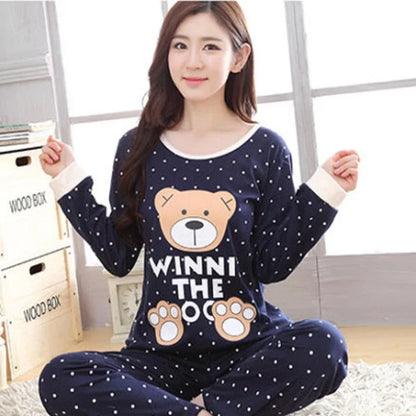 Autumn Thin 2pieces Pijamas Set Women 2026 Cartoon Round Neck Girls Pajamas Sets Honey Boof Full Sleepwear Clothes Sleep Tops