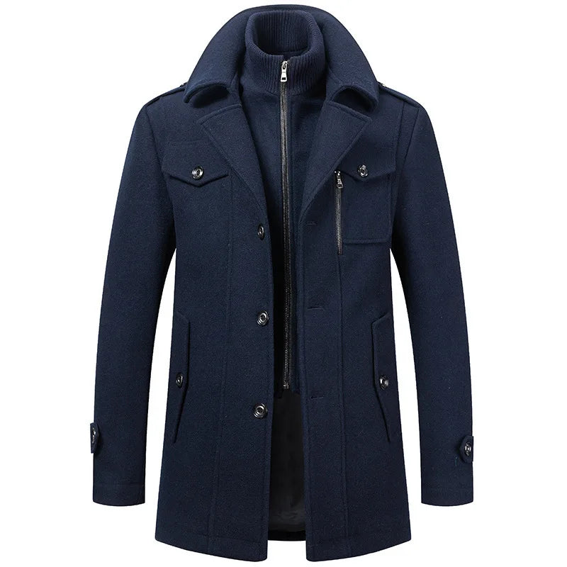 2026 Men's Woolen Coat Middle-aged Double Collar Autumn And Winter Warm Fashion Slim-fitting Woolen Men's Coat Pocket