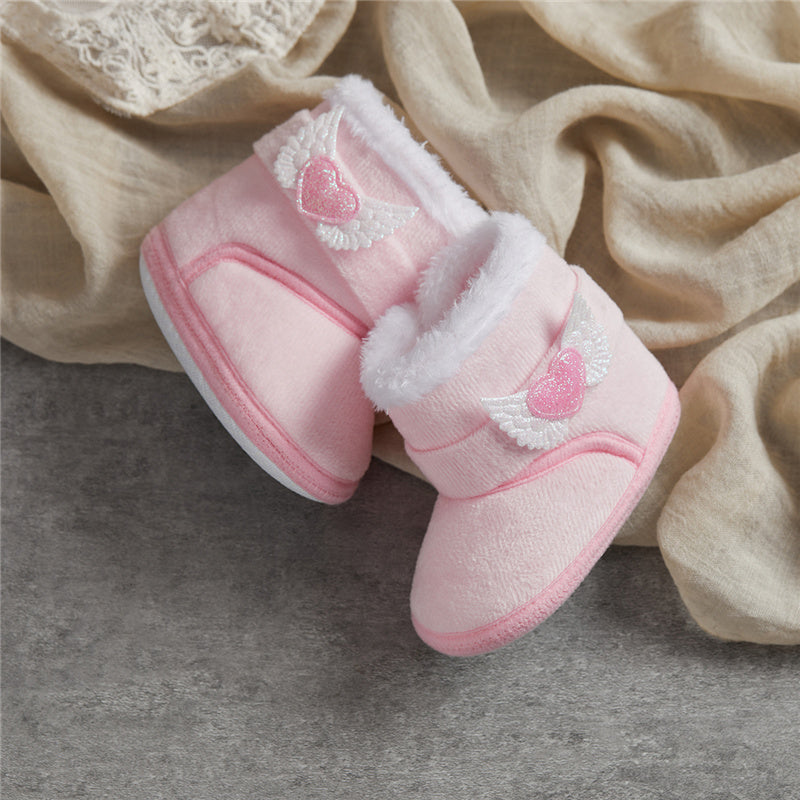 Suefunskry Newborn Baby Winter Snow Boots Contrast Color Ankle Boots Warm Plush Heart Wings Baby Walking Shoes for Toddler 0-18M