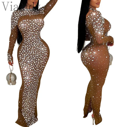 Women Sexy See Through Sheer Mesh Rhinestone Décor Long Sleeve Maxi Party Dress