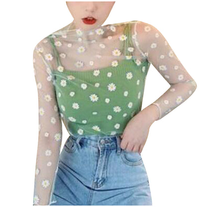 Women Daisy Flower Print Mesh Tops Long Sleeve Sheer Transparent Fishnet T Shirt Fashion Summer Sunscreen Tee 2026