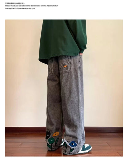 New Men's Y2K Flower Printed Baggy Jeans 2026 Streetwear American Casual Denim Wide-leg Pants Hombre Vintage Straight Trousers